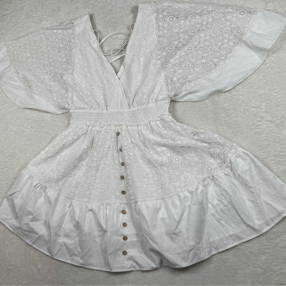 Lace Mini Dress Womens XL White Ethereal Boho Cottagecore Flutter Sleeve V-Neck